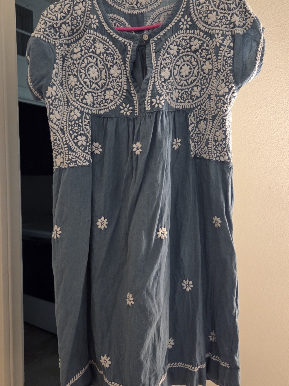 Blue Dolma Embroidered Boho Dress with White Floral Detailing